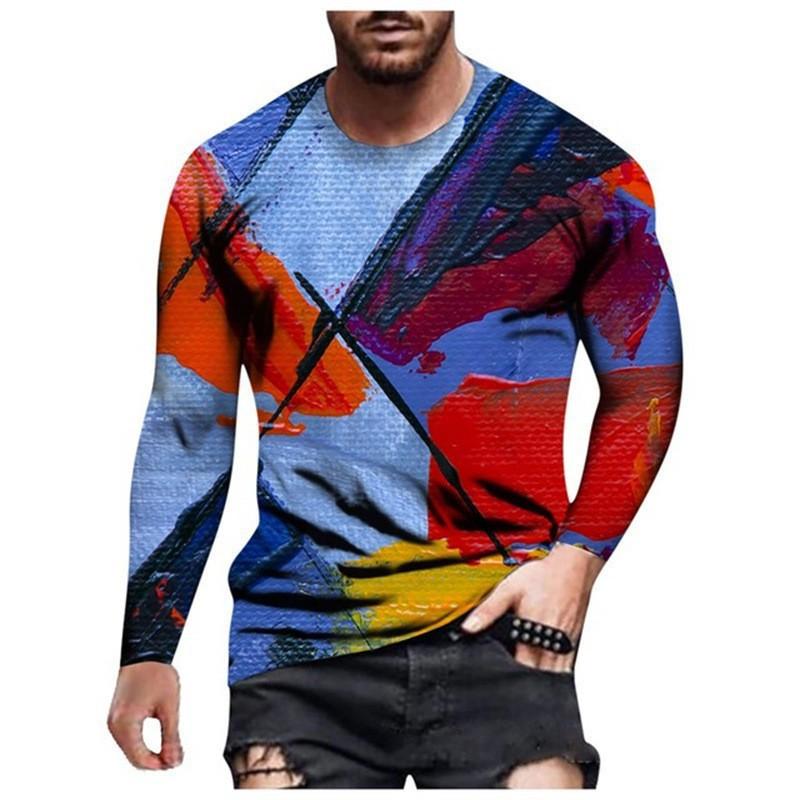 Round Neck 3D Graffiti Printed Top Casual Long Sleeved Men's T-shirts - Soft Medium Stretch Polyester Fabric Spring and Autumn Relaxed Fit Clothing
