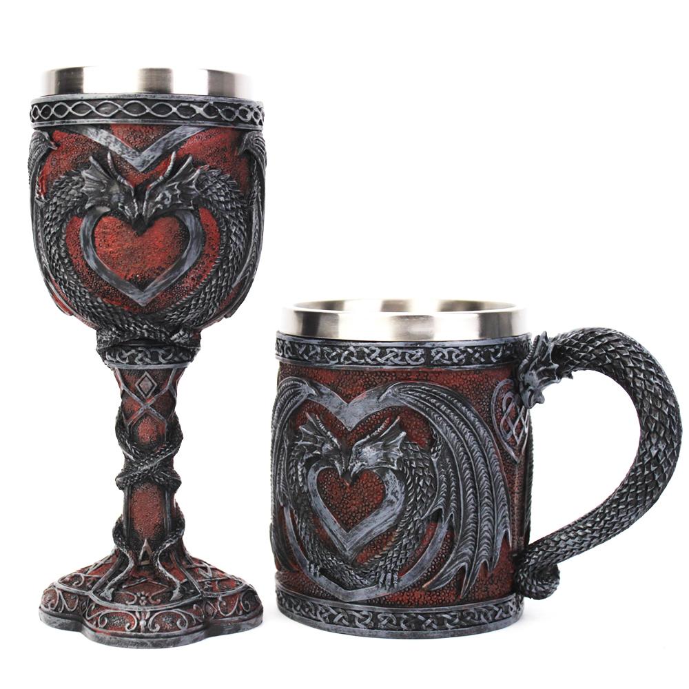 Medieval Double Dragon Wine Goblet Stainless Steel Beer Cup Drinking Vessel Double Dragon Heart Goblet/Mug Halloween Gift