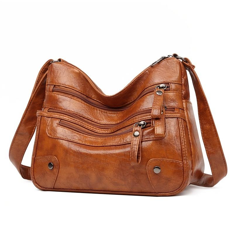 Solid Color Multi Zipper Bag Vintage Soft Leather Shoulder Bag Casual Crossbody Purse For Work