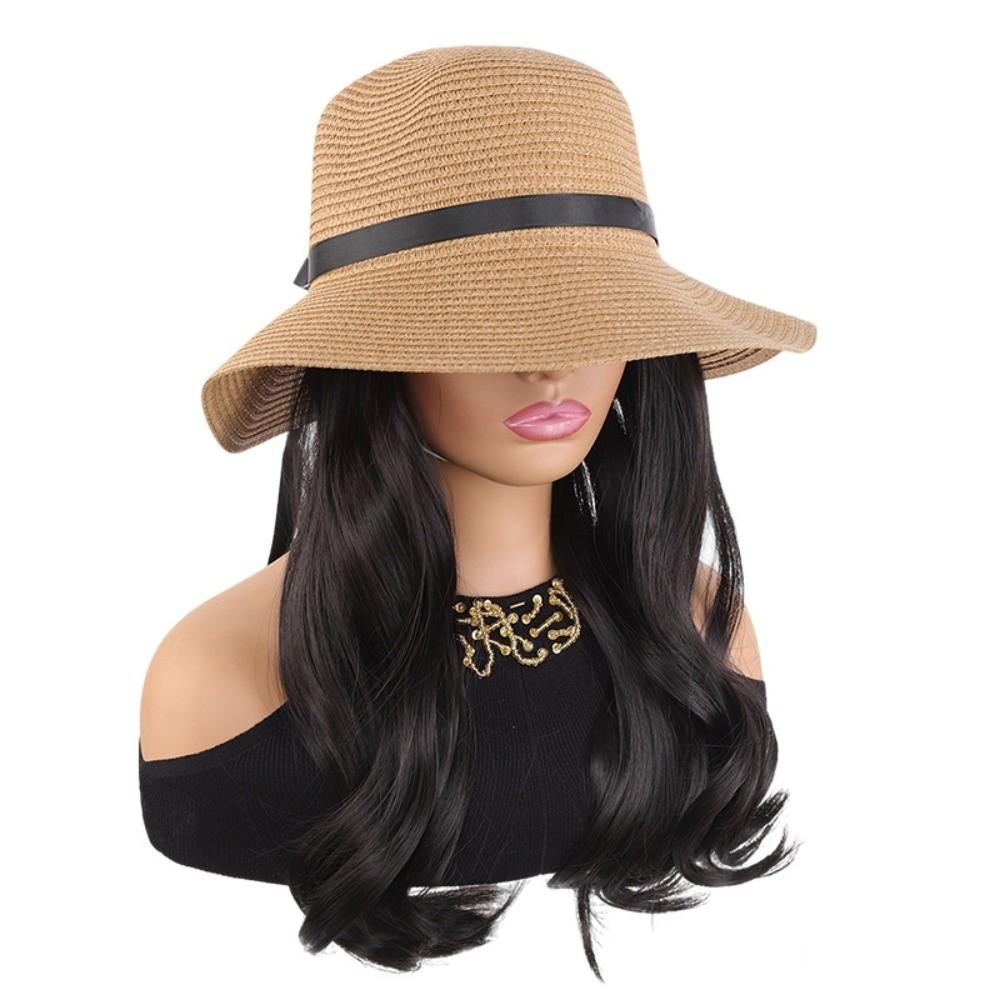 Wide Brim Fisherman Hat with Built-in Wig Sun Protection Long Wavy Curly Hair Vacation Accessory