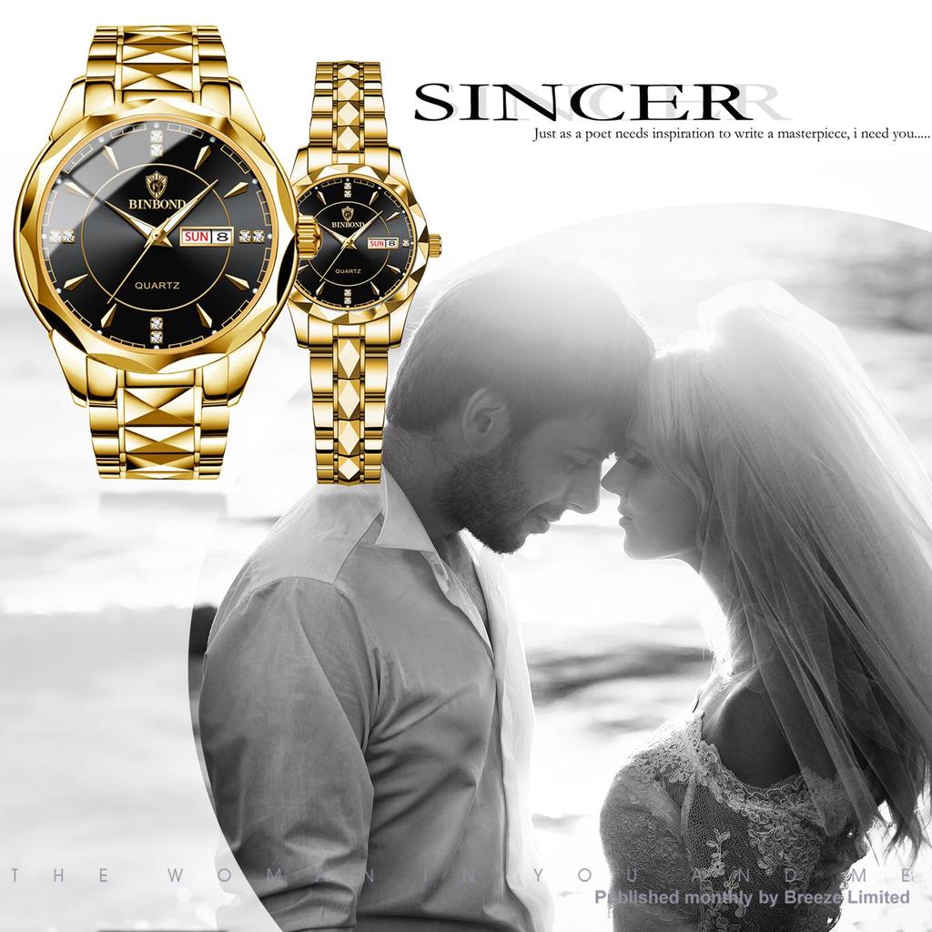 Calendar 3ATM Waterproof Luminous Analog Display Stainless Steel Stylish Pair Watch Pair Watch Quartz Leisure Business Couple Fashion Accessories