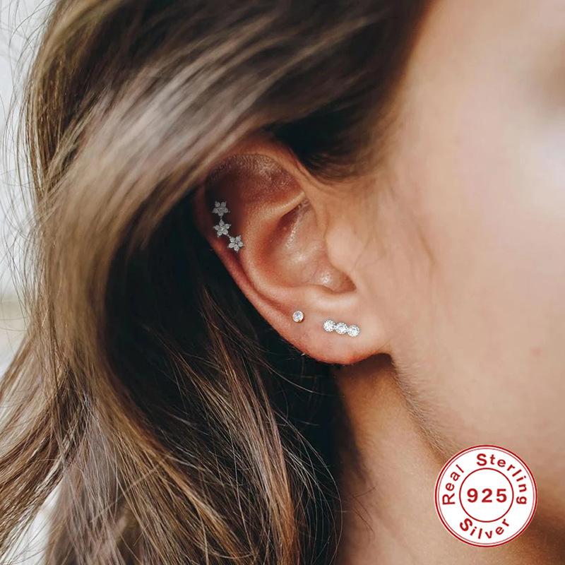 Пирсинг S925 Стерлинговое Серебро Штанга для Пирсинга Кости Уха Серьга-Гвоздик Серьга-Гвоздик Циркон Украшение для Тела Серьга для Уха Цветок Снежинка Серьга-Гвоздик