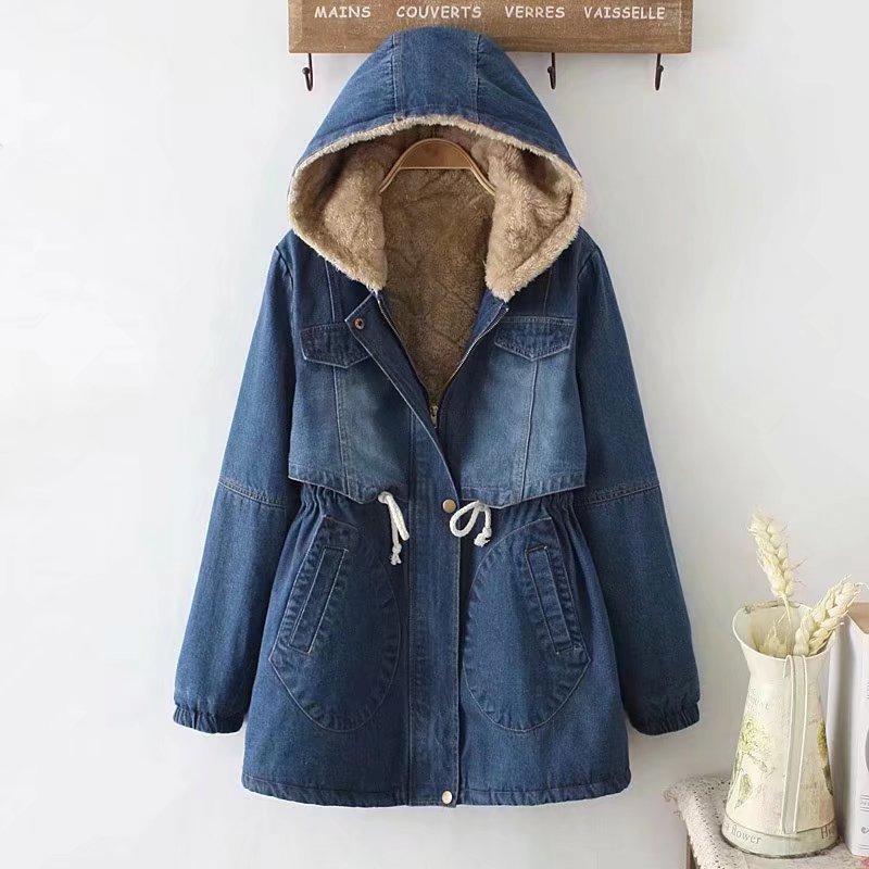 Lamb Fleece Cotton-padded Jacket Women's Thick Hooded Mid-length Waist Denim Cotton-padded Jacket