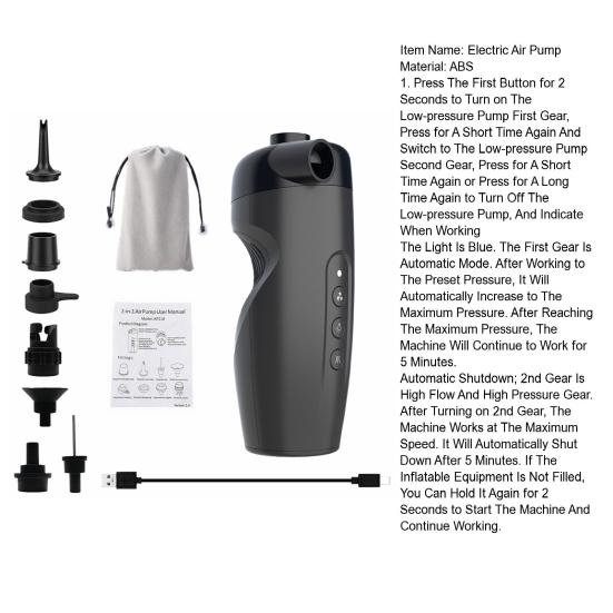 Электрический воздушный насос со светодиодной подсветкой 20PSI Портативный 3000 мАч USB Перезаряжаемый Надувные изделия Плавательный круг Пляжный матрас Надувная кровать Мини-насос