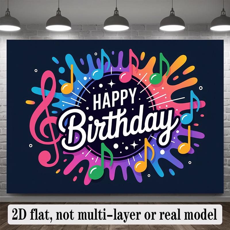 Happy Birthday Musical Notes Theme Colorful Design, 1pc Polyester Party Backdrop Banner, Photo Booth Background, Wall Decor
