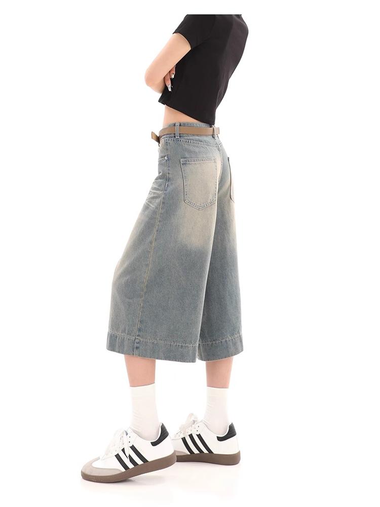 Джинсовые шорты с текстурой кошачьих усов в стиле ретро, женские винтажные широкие брюки в американском стиле, уличные летние женские свободные короткие джинсы с высокой талией в стиле ретро Y2k