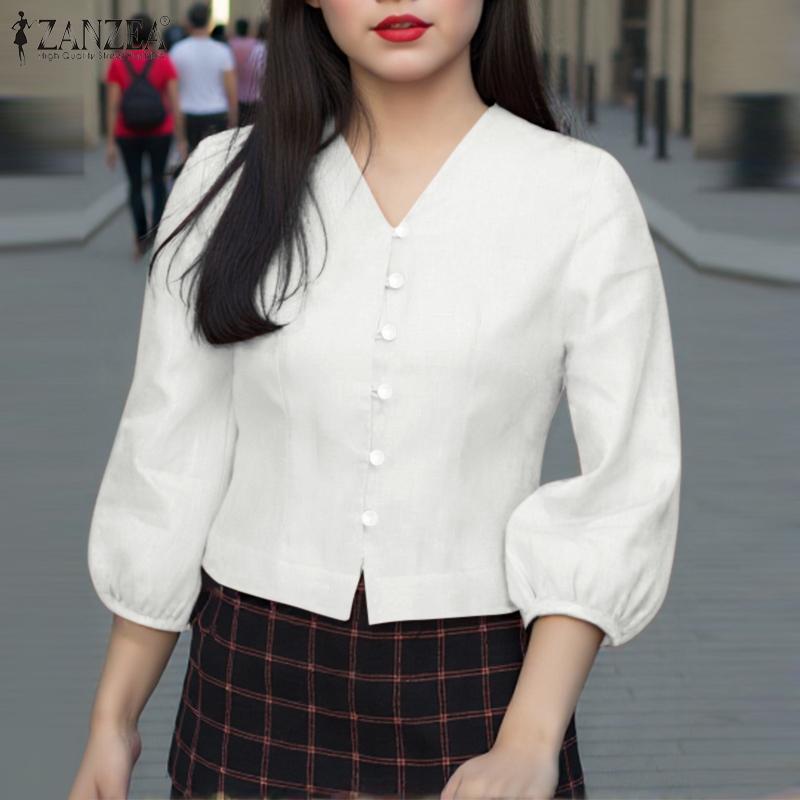 ZANZEA Женская повседневная блузка свободного кроя с V-образным вырезом и рукавом 3/4