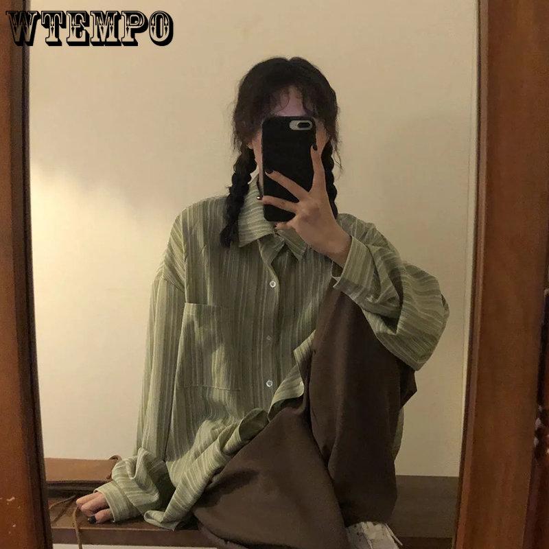 WTEMPO Рубашки в полоску в стиле Харадзюку, женские винтажные корейские топы с длинными рукавами, женские повседневные универсальные свободные светло-зеленые блузки на пуговицах