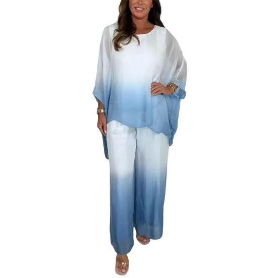 Summer Chiffon Gradient 2 Piece Set for Women Plus Size Crew Neck