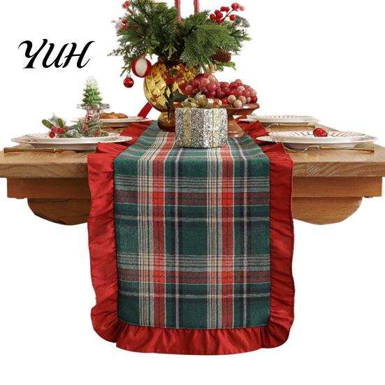 Festive Entryway Cabinet Decor Retro Plaid Christmas Table Runner, Red Ruffled Trim Decorative Mat, Classic Elegant & Green Holiday Mat for