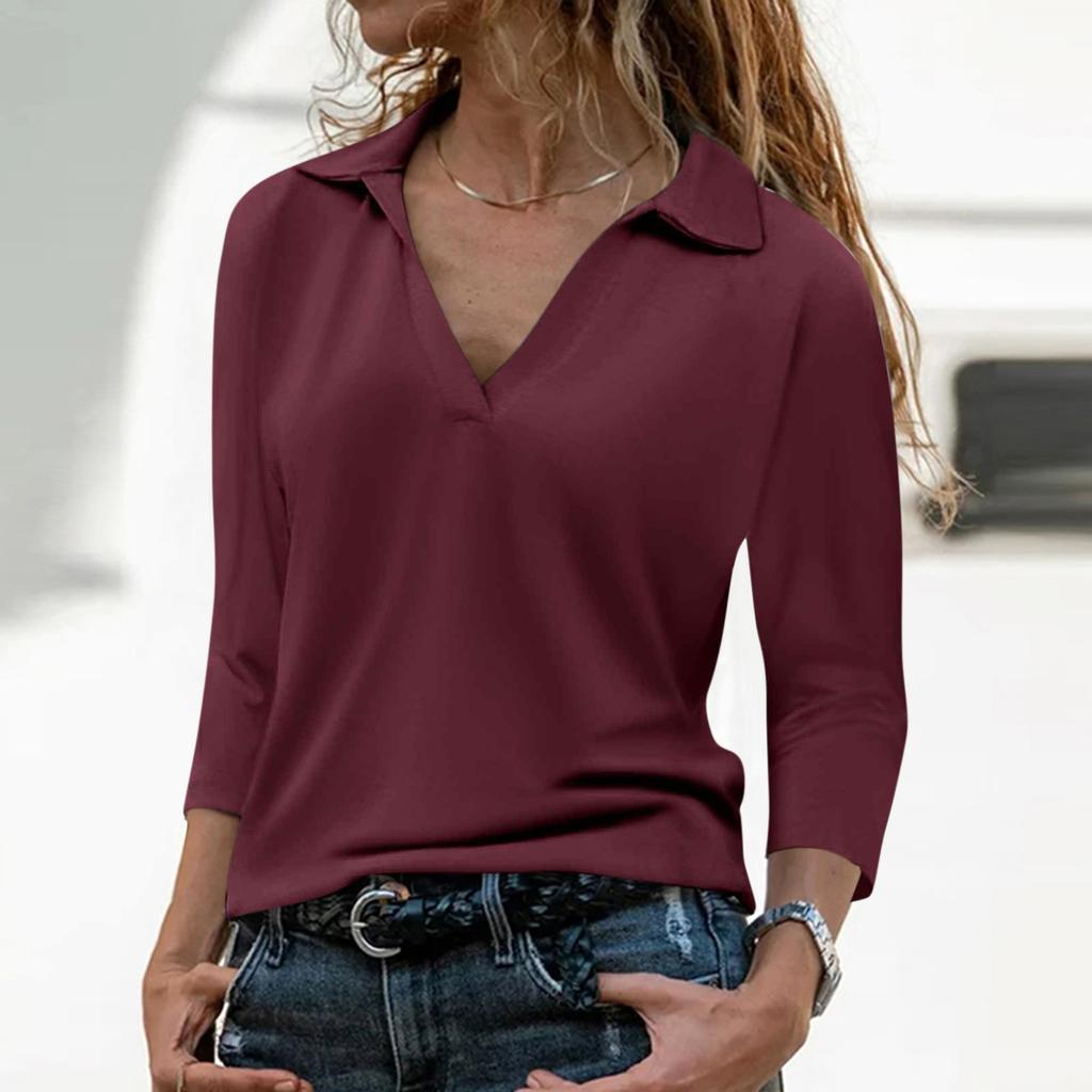 Women's 3/4 Sleeve T Shirts Summer V Neck Shirts Collared Casual Basic Tees Blouse