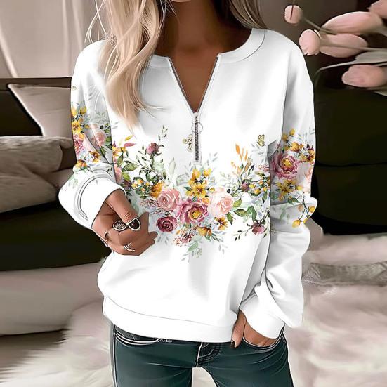 Женский осенне-весенний свитер с цветочным принтом, v-образный вырез, молния, декор, пуловер с длинными рукавами, мягкий повседневный толстый эластичный манжет, женский топ, блузка