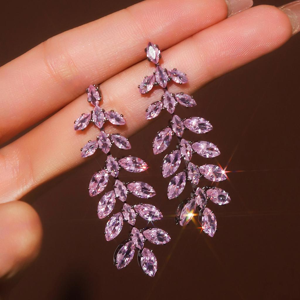 2pcs Fashionable and High-end Long Tassel Full Zircon Leaf Earrings for Women's Banquet Dress Accessories