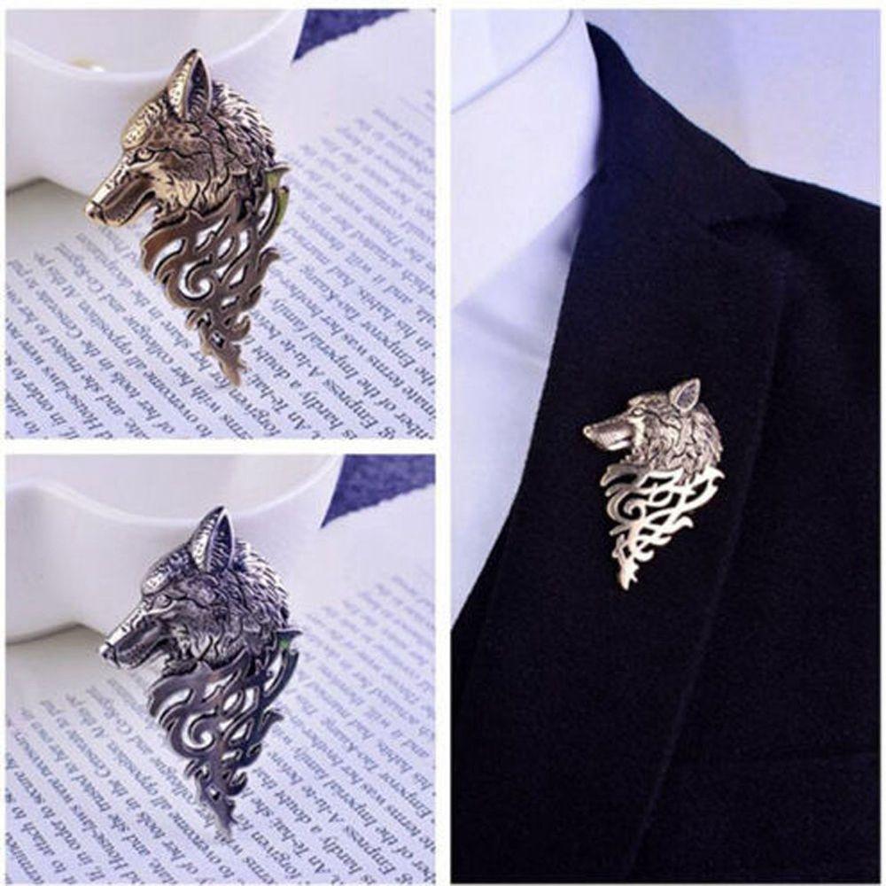 New Men Vintage Suit Collar Wolf Brooch Punk Lapel Badge Pin