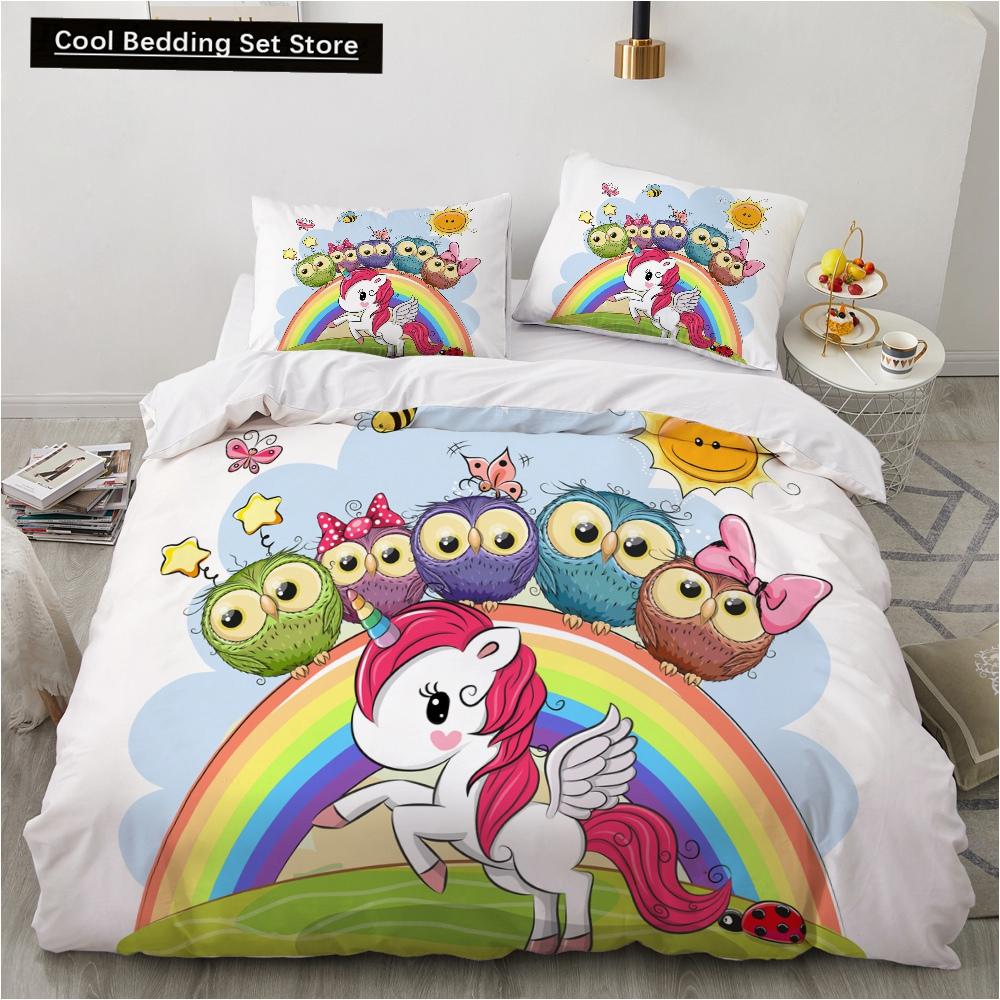 Детский детский розовый комплект постельного белья Queen King Cartoon Unicorn Белый пододеяльник Twin Полный цветной 2/3 шт полиэстеровый пододеяльник