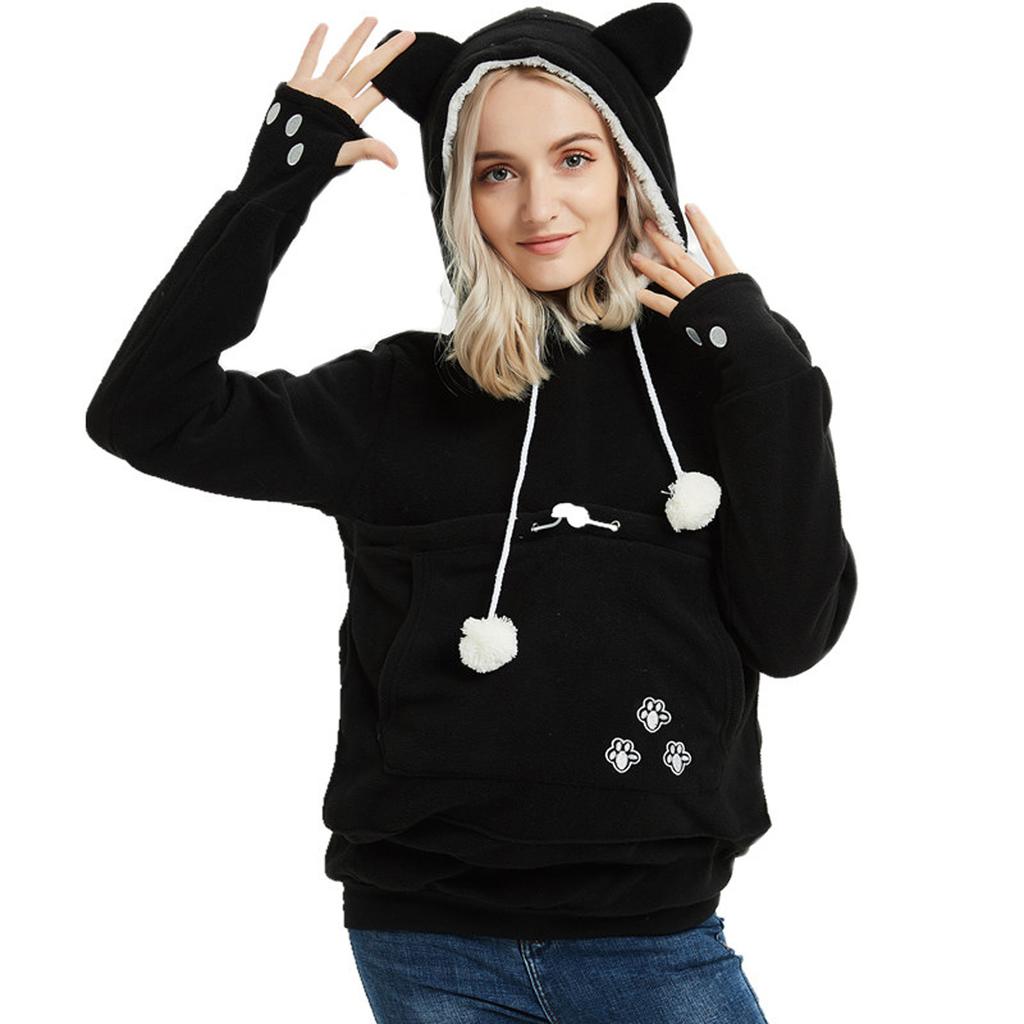 Women's Fashion Casual Top Solid Color Long Sleeve Pet Pocket Hoodie Sweatshirt