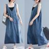 Denim Dress Women Plus Size Casual Vintage Sleeveless Big Pockets Loose Retro Jeans Dresses Female V Neck Summer