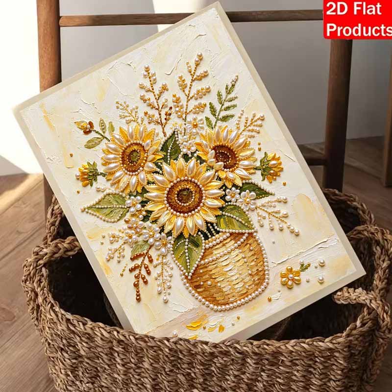 Sunflower pearl painting handmade DIY 5D creative ornaments living room home decoration painting with basket vase and accents (129)