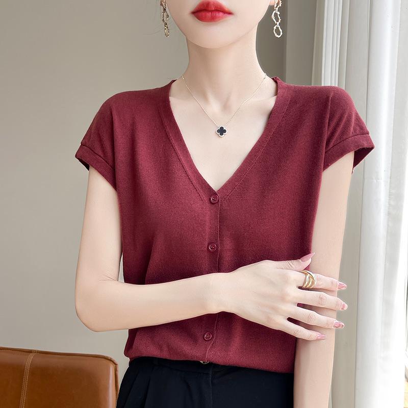 Новый летний стиль шерстяной кардиган тонкий V-образный вырез обычный свитер женский трикотаж