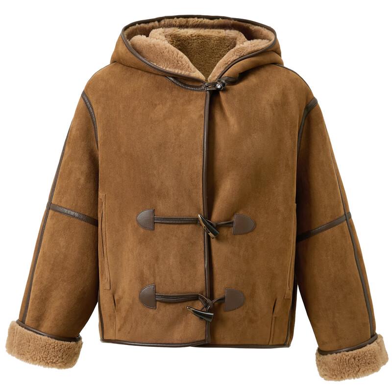 Sancai Women's Faux Suede Hooded Toggle Fur Coat