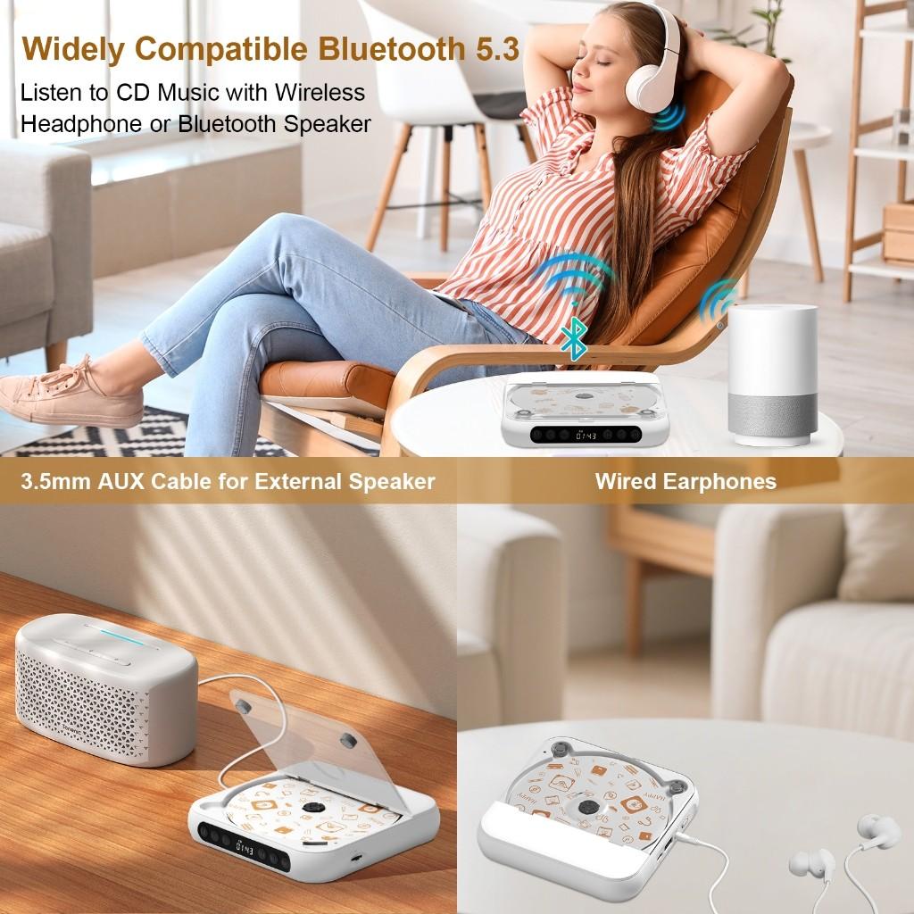 Портативный Bluetooth CD-плеер Перезаряжаемый Домашний/Автомобильный Walkman HiFi Громкие Двойные Динамики Музыкальный Плеер