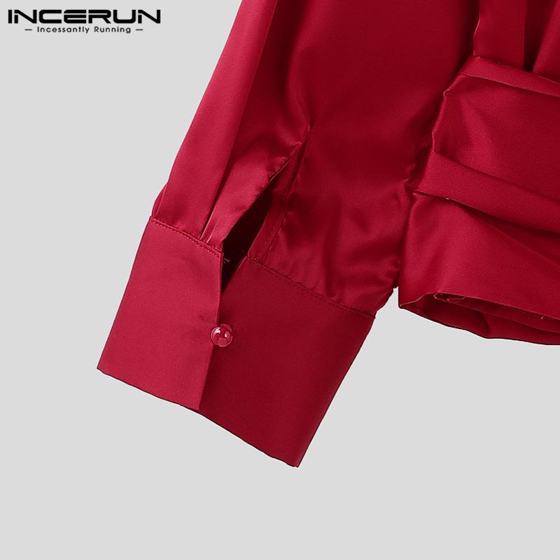 INCERUN Мужские рубашки с длинным рукавом и V-образным вырезом спереди, перекрестные слои, топы