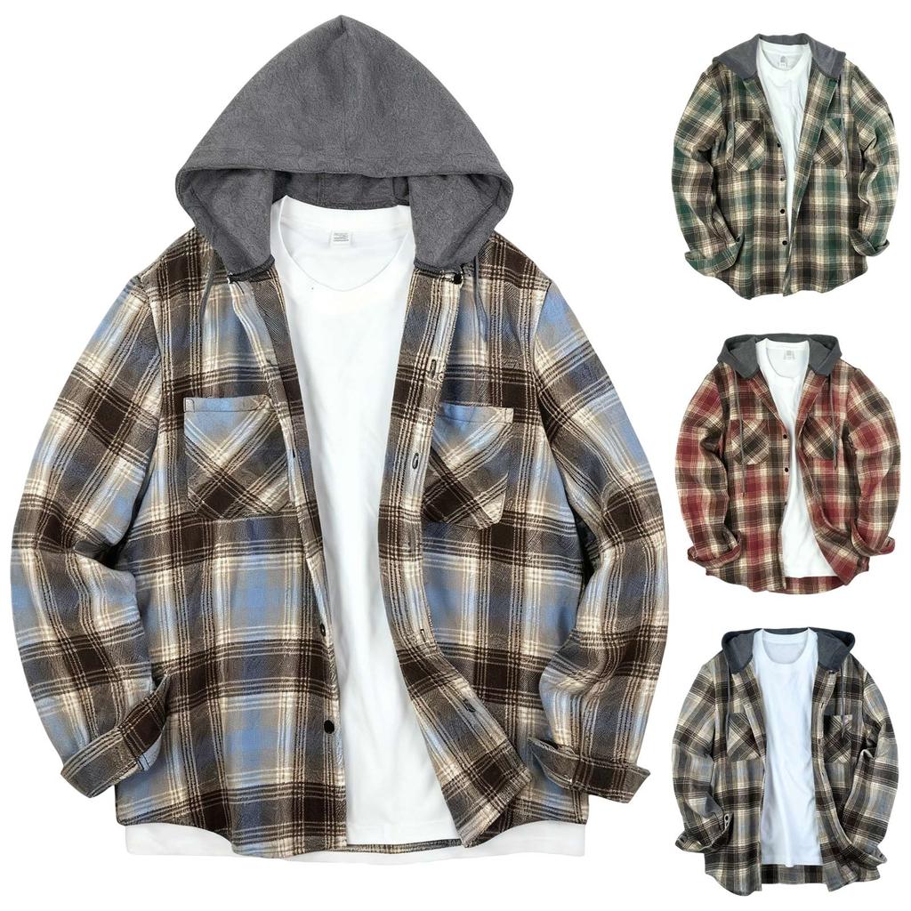 Men's Striped Plaid Casual Loose Button Lapel Long Sleeve Hooded Cardigan Shirt Jacket