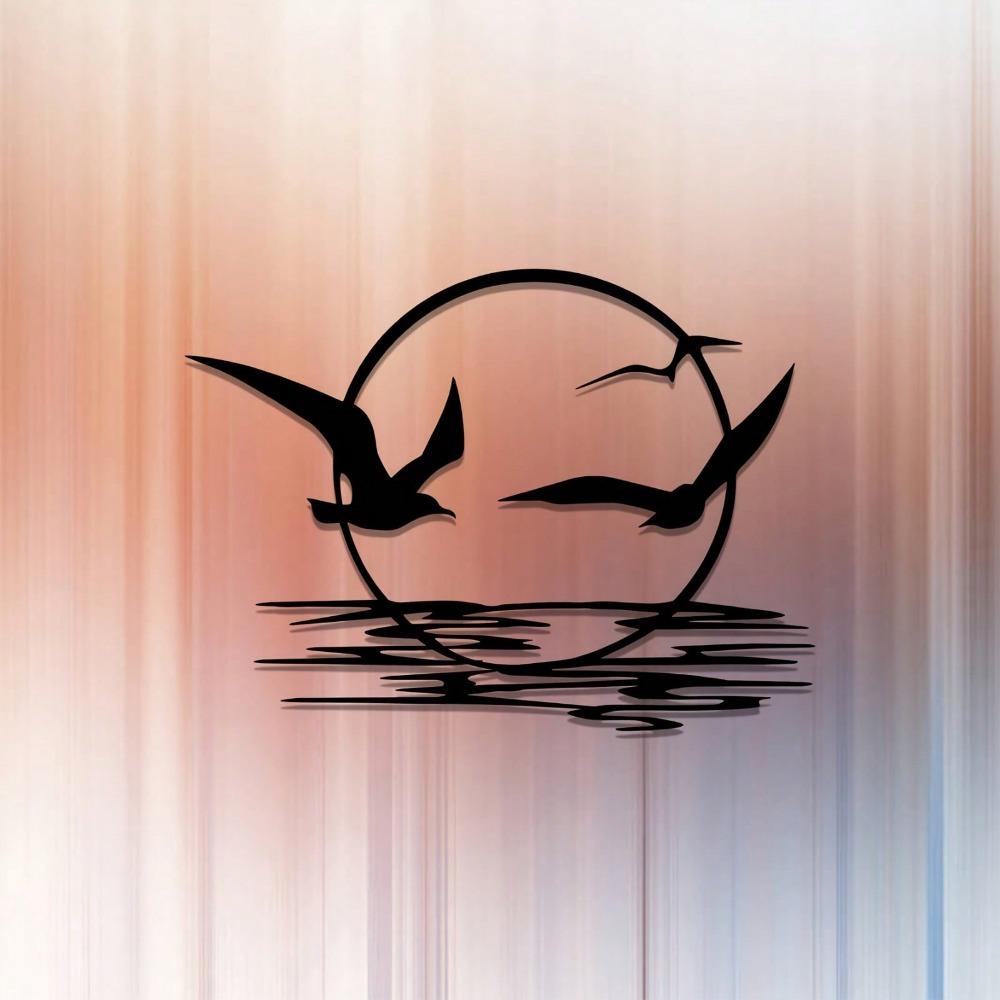 2D Flat Iron Sunrise And Seagulls Metal Wall Art. It Features A Circular Silhouette Design, Suiting Living Rooms, Bedrooms, Dining Areas, And Offices.