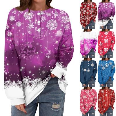 Женская повседневная мода, удобная рождественская футболка с длинным рукавом, круглым вырезом, пуговицами, свободным подолом и боковыми разрезами