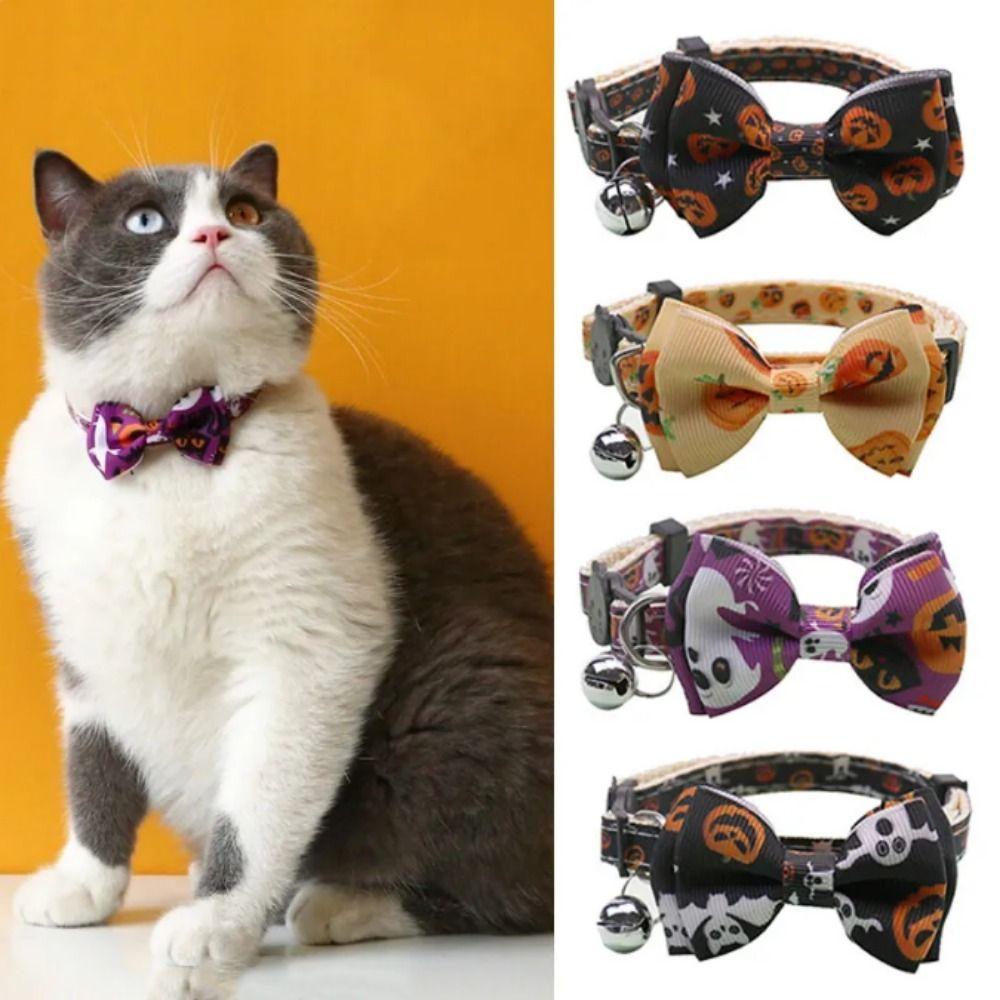 With Bell Kitten Pumpkin Necklace Adjustable Cat Pumpkin Bow Tie Halloween Cat Collar Halloween