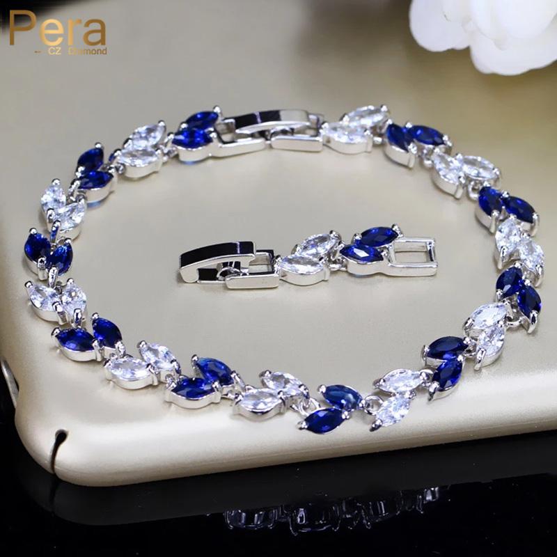 Pera Fashion Королевские украшения Серебристый цвет Элегантная форма листа Темно-синий кубический цирконий Браслеты-цепочки для женщин B005