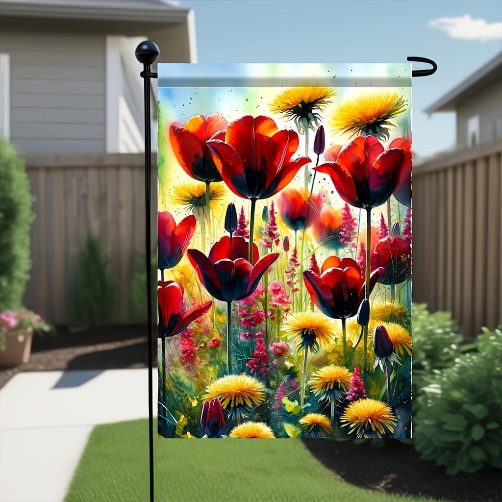 Red Tulip Garden ag 12x18 Inch Double Sided Outdoor Yard Banner Colorful Tulips and Dandelions oral Spring Summer Decora GGX