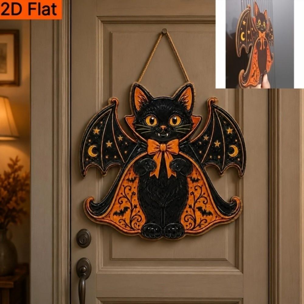 Gothic Halloween Black Cat Door Sign Vintage Style Holiday Bat Wing Cat Pendant Porch Decoration