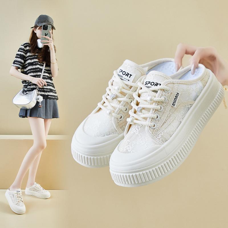 Summer White Shoes New Style of Female Students' Mesh Breathable Height-enhancing Half-plate Shoes Casual