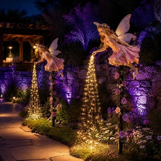 Weather Resistant Garden Decor Fairy Sprinkling Magic Dust Solar Light, Outdoor Front Yard Figurines Statue with LED Light String, Landscape