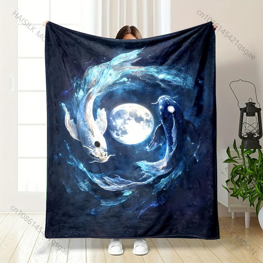 Two glowing fish circling moon Print Blanket Warm Soft Suitable for All Seasons for Home Sofa Travel Camping Picnics RV