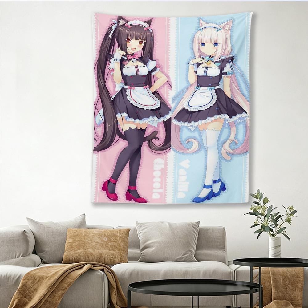 Настенный гобелен с изображением персонажей аниме Nekopara, хиппи, цветочный принт, настенное панно, эстетичный декор для комнаты, спальни, общежития, гостиной, настенное искусство