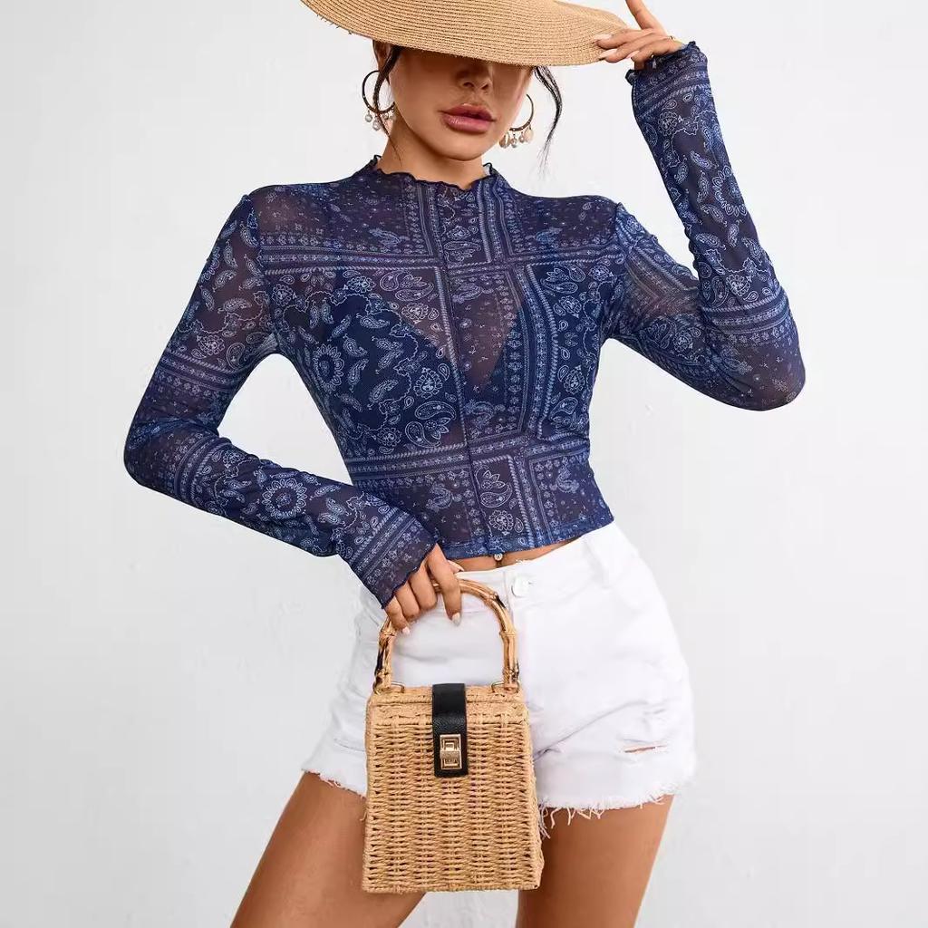 Весенне-летняя элегантная женская сетчатая футболка с принтом, воротником-стойкой и длинными рукавами, укороченная. Универсальная модная рубашка.