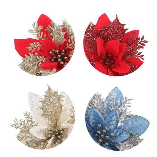 10Pcs/Set Christmas Artificial Flower Glitter Leaves Red Golden Silver-color Layered Xmas Tree Wreath Decoration Fake