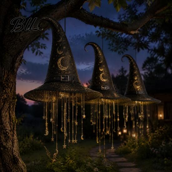 Patio Hanging Ornament Light Up Witch Hat Lamp, Glowing Halloween with Twinkling Whimsical Decorations Stars Moon, Indoor Outdoor Porch Window Decor,