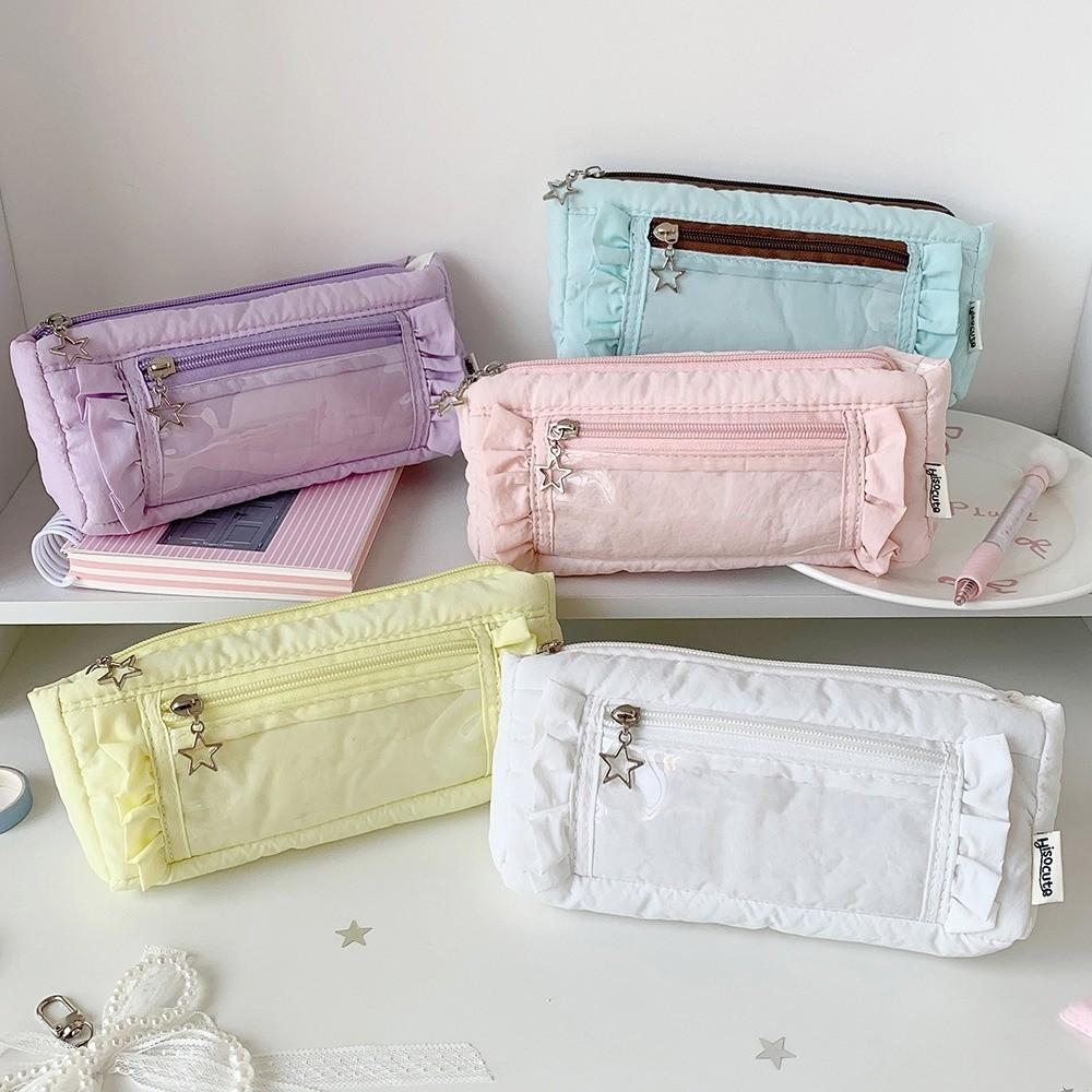 Star Zipper Ruffled Pencil Case Ruffled Edge Pencil Pouch Korean Ruffled Stationery Bag Office