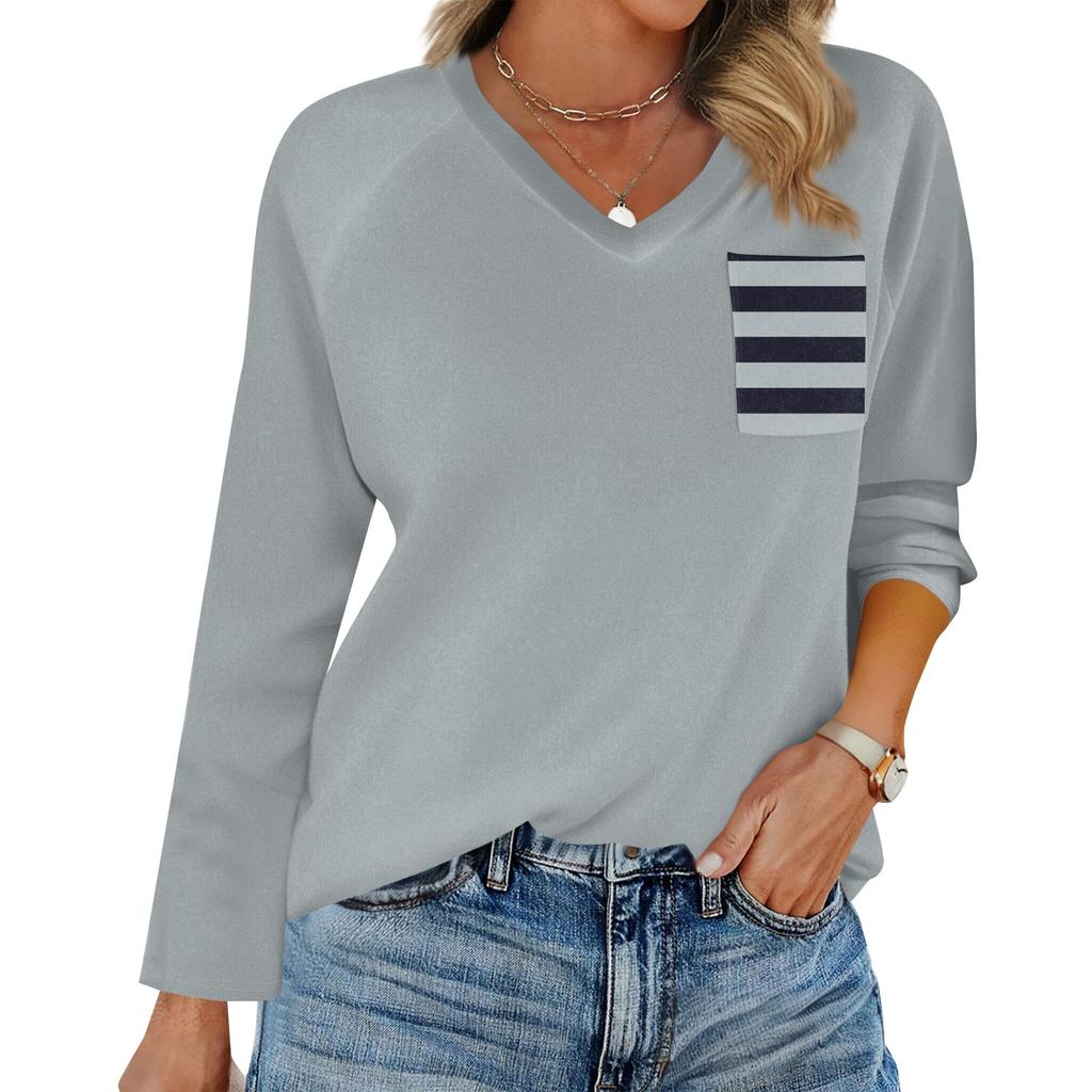 Женская футболка реглан с длинным рукавом, V-образным вырезом, вставками однотонного цвета, повседневный топ-пуловер, V-образный вырез, карман, базовая рубашка