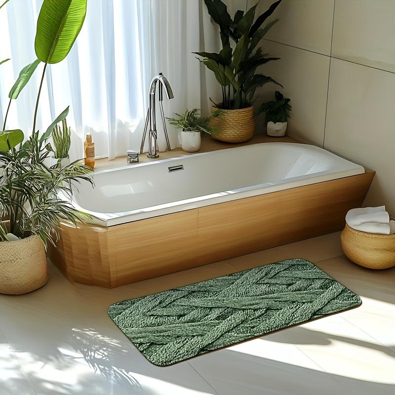 Olive Green Textured Bath Mat, Soft Flannel Non-Slip Rug, Printed Pattern for Bathroom, Living Room, Kitchen, Modern Home Decor