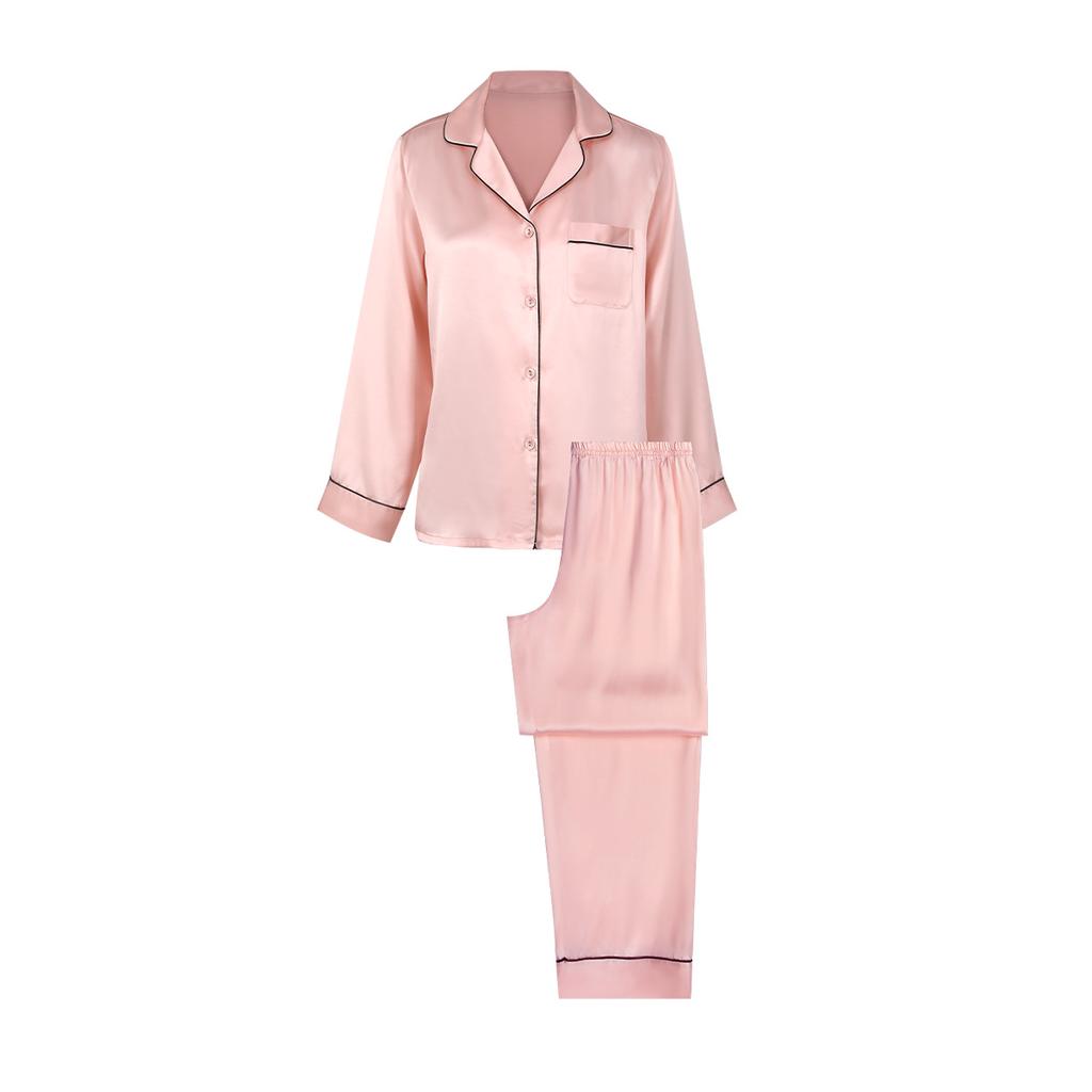 Silk Pajama Set Women's Solid Lapel Long Sleeve Pants Basic Comfortable Loungewear Spring