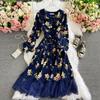 Retro Floral V-neck Waist Lace Stitching Dress Color Fashion Long Dresses
