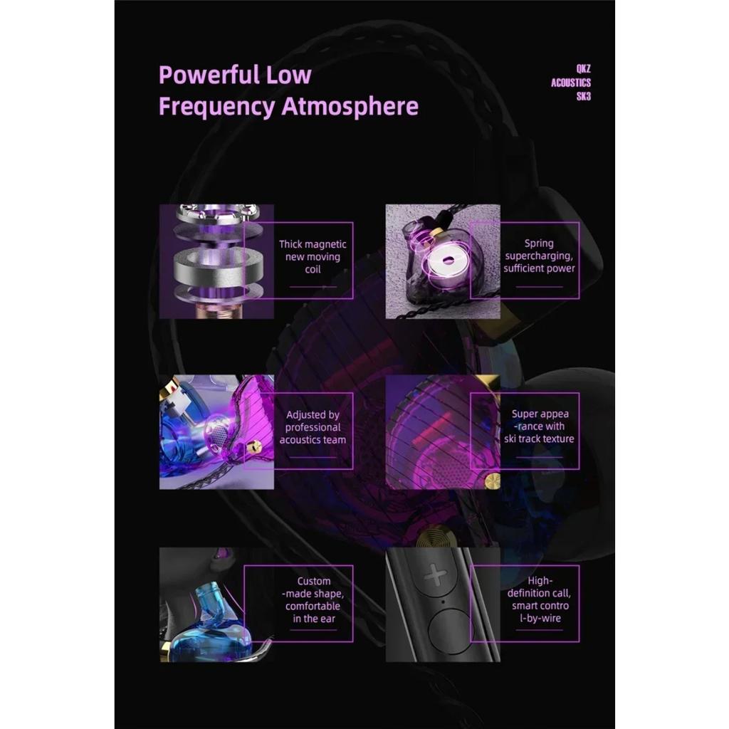 QKZ SK3 3.5mm Wired Earphone with Microphone HiFi Music Monitor Bass Headphone Noise Cancelling Headset for Sport Gaming Earbuds