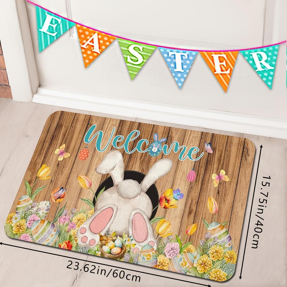 VIKAMA Easter Doormat with Colourful Eggs and Rabbit Tail Non-Slip Floor Mat for Indoor/Outdoor Entrances Festive Home Decor