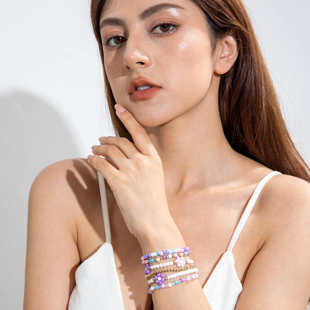 6PCS New Sweet and Cute Colored Rice Bead Small Flower Bracelet Women's Jewelry Dopamine Style Travel Daily Matching Bracelet