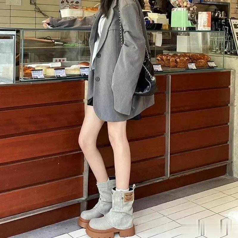 Средний каблук, новинка, женские полусапоги с круглым носком, демисезонная удобная и элегантная качественная обувь, женская обувь до середины голени