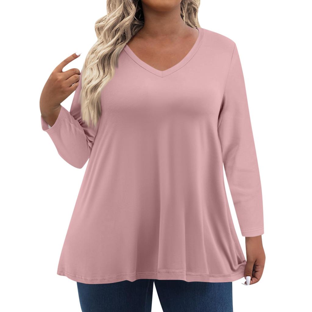 Womens Plus Size Tops Long Sleeve Shirts V Neck Casual Clothing Clothes Solid Color Tops